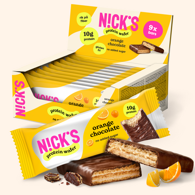 NICK'S Orange Chocolate Protein Wafer 9-pack featuring chocolate-coated wafers with 10g protein and no added sugar