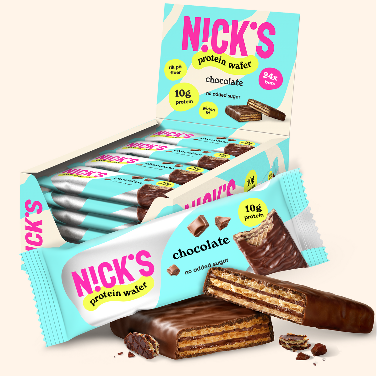 NICK'S chocolate protein wafers in a 24-pack display box with individually wrapped bars