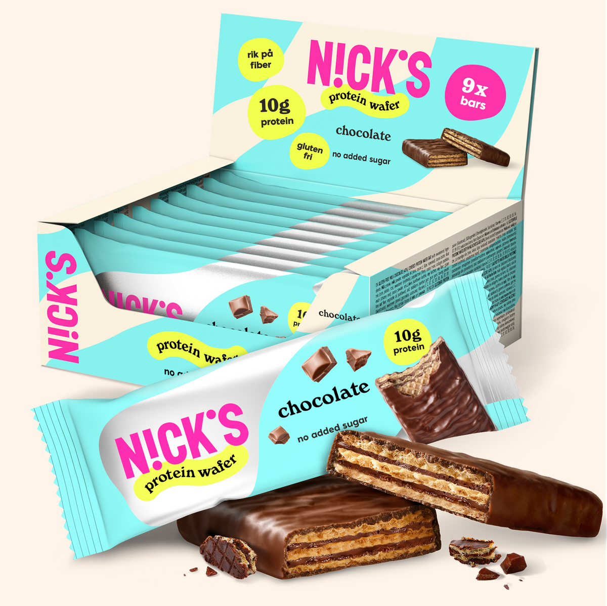 NICK'S chocolate protein wafers in a 9-pack display box with an individually wrapped bar