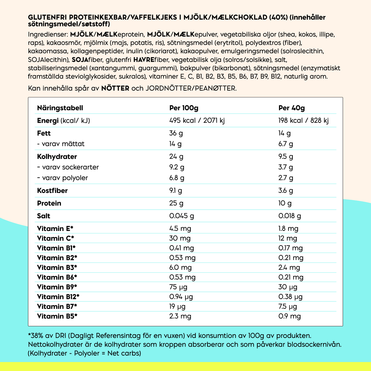 NICK'S chocolate protein wafer ingredients and nutrition facts showing calories, fat, carbohydrates, fiber, protein, salt and vitamins