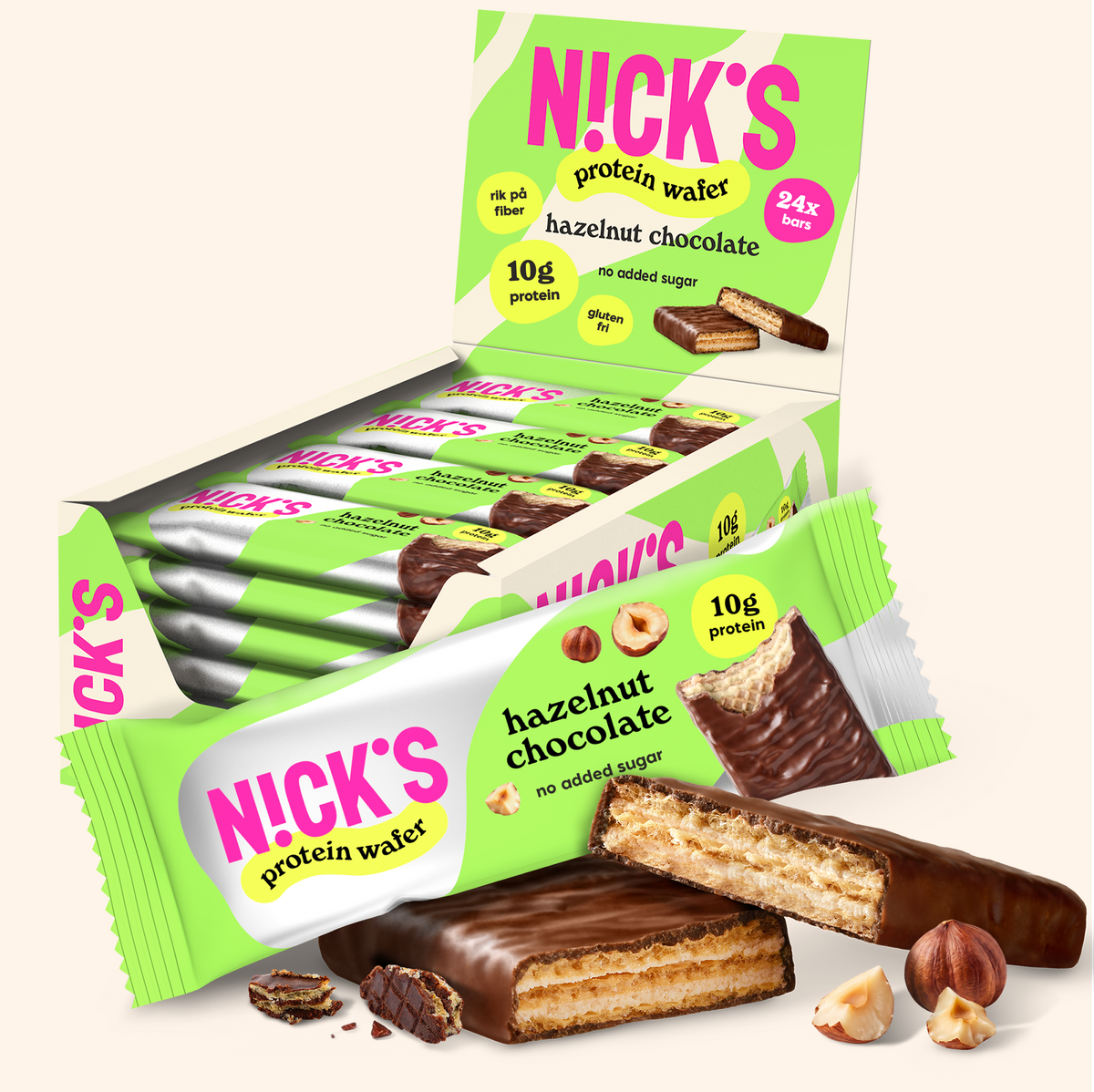 NICK'S Hazelnut Chocolate Protein Wafer 24-pack with individually wrapped protein wafers.