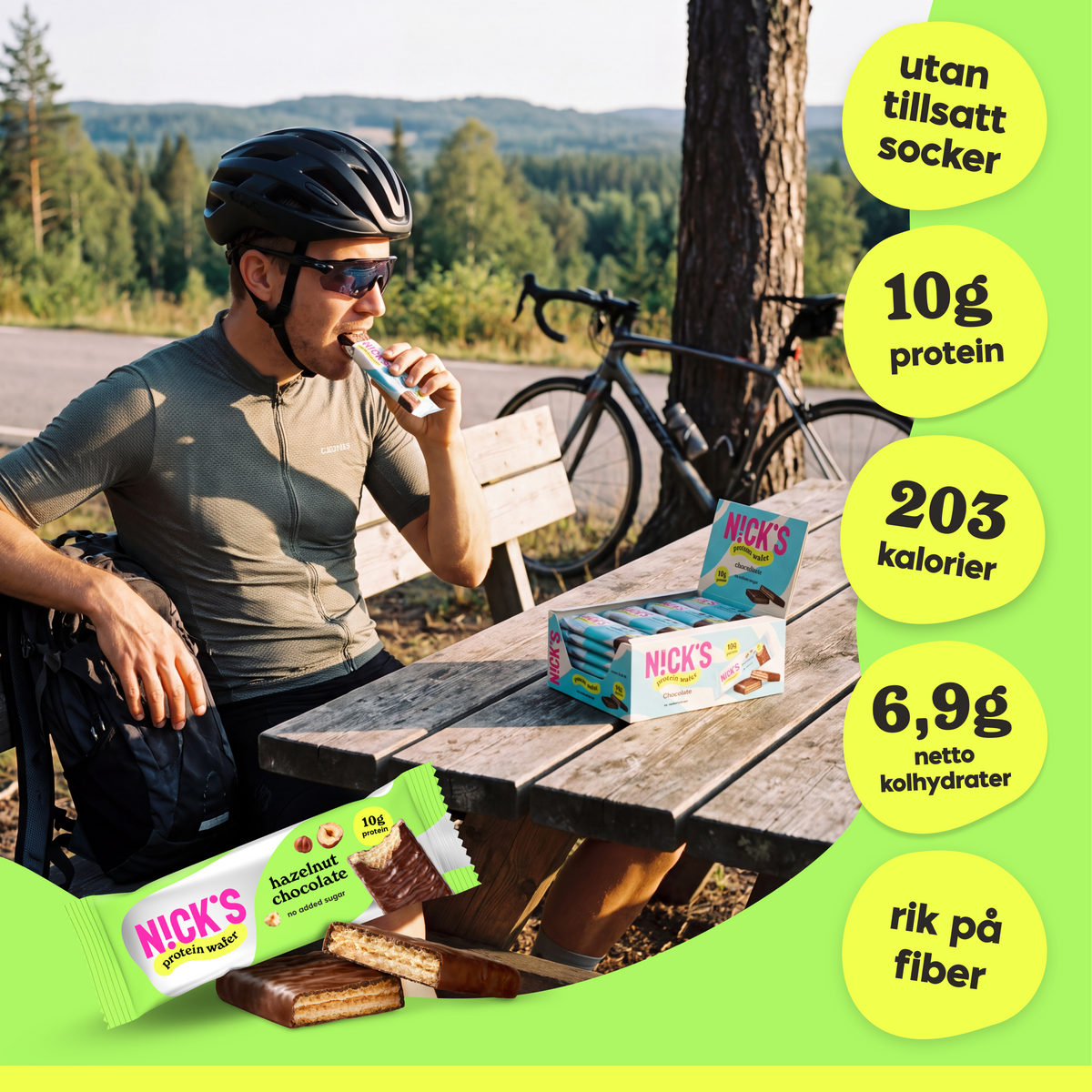 Person enjoying a NICK'S Hazelnut Chocolate Protein Wafer while taking a break during a cycling trip.
