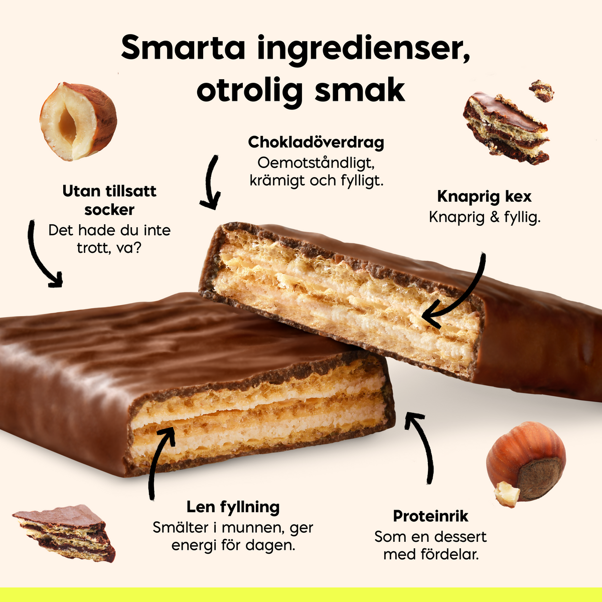 NICK'S Hazelnut Chocolate Protein Wafer with layers of crispy wafer and chocolate coating, highlighting hazelnut flavor.
