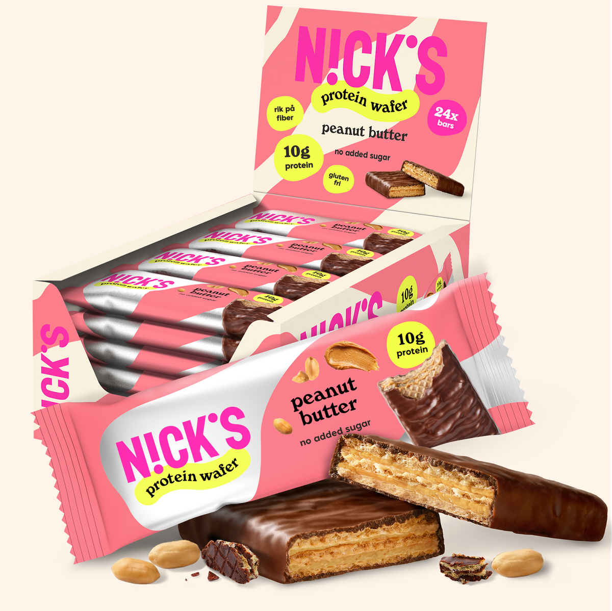 NICK'S Peanut Butter Protein Wafer 24-pack with chocolate coating and 10g protein per bar