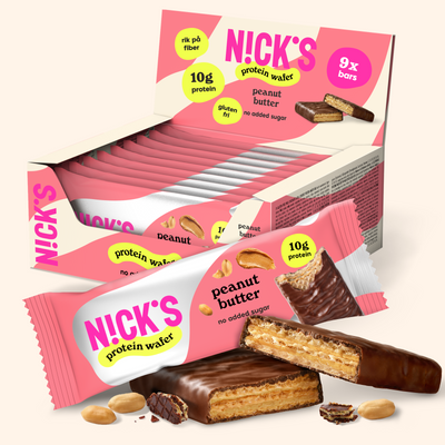 NICK'S Peanut Butter Protein Wafer 9-pack with chocolate coating and 10g protein per bar