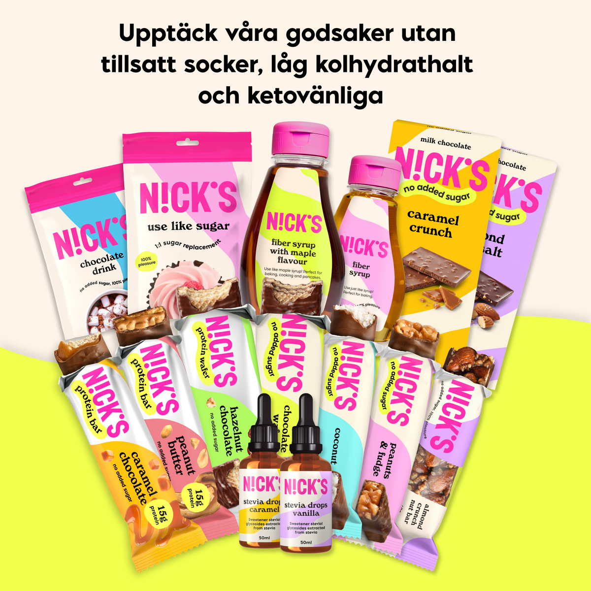 Selection of NICK'S products including protein wafers, protein bars, chocolate, syrups and sweeteners.