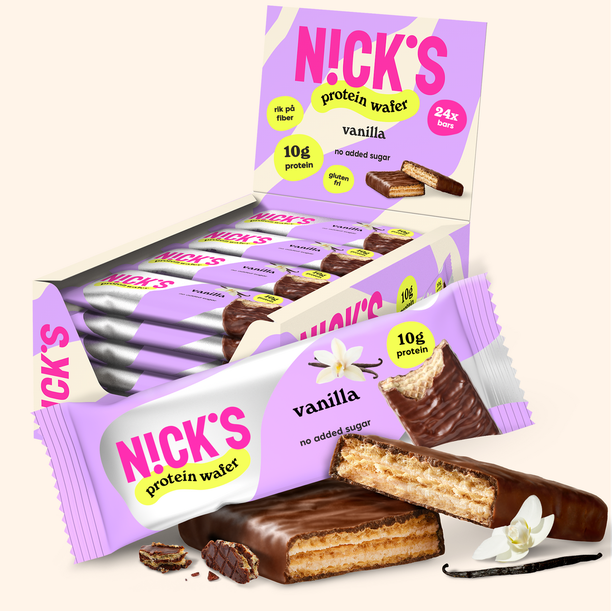N!CK’S Vanilla Protein Wafer 24-pack with chocolate-coated wafers, 10g protein and no added sugar